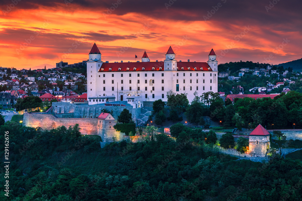 Panorama of Bratislava with the castle at Sunset, Slovakia