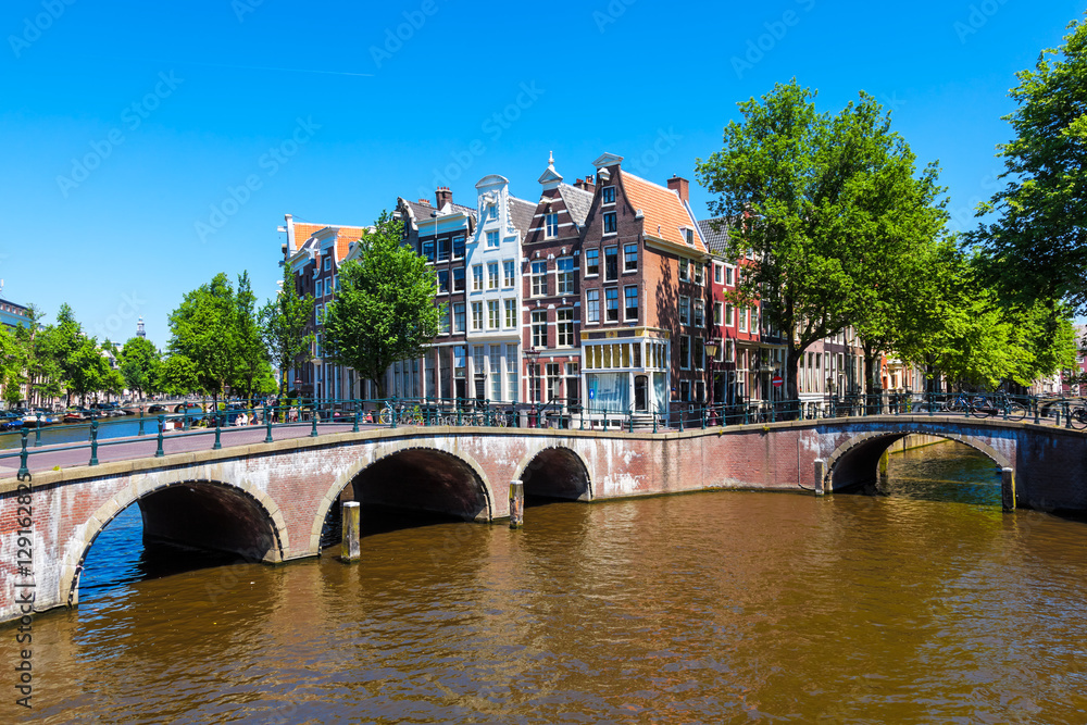 Typical Amsterdam scene with canals, bridges and bicycles, the Netherlands