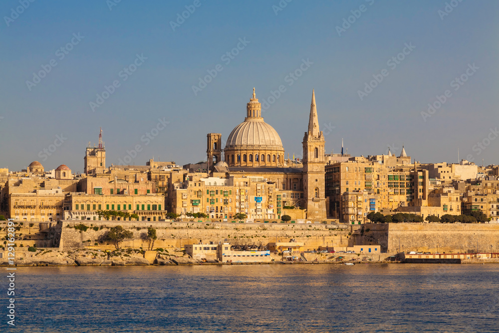 Skyline of Valletta in warm, late afternoon light, Malta