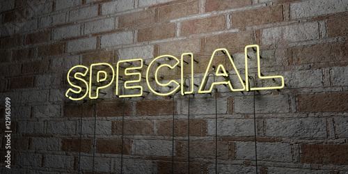 SPECIAL - Glowing Neon Sign on stonework wall - 3D rendered royalty free stock illustration. Can be used for online banner ads and direct mailers..