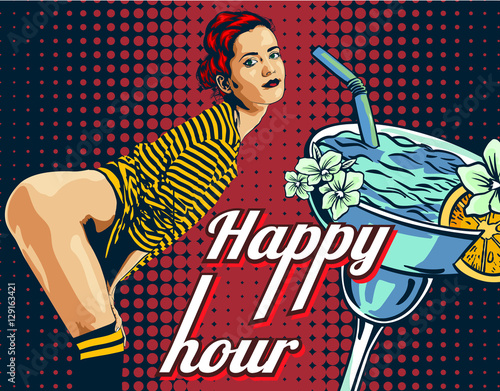 Beautiful woman with text "happy hour" and cocktail