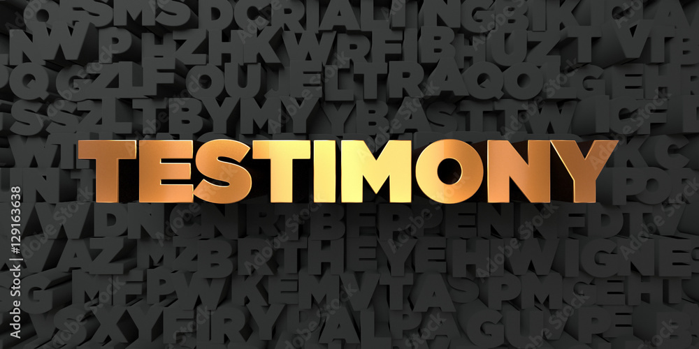 Testimony Gold text on black background 3D rendered royalty free