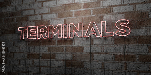 TERMINALS - Glowing Neon Sign on stonework wall - 3D rendered royalty free stock illustration.  Can be used for online banner ads and direct mailers..