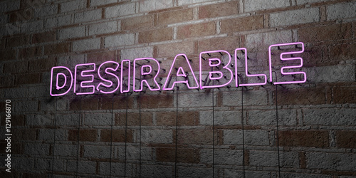 DESIRABLE - Glowing Neon Sign on stonework wall - 3D rendered royalty free stock illustration.  Can be used for online banner ads and direct mailers..