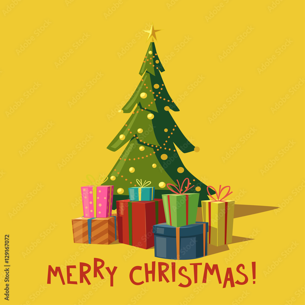 Fototapeta premium Christmas tree with gifts. Cartoon vector illustration