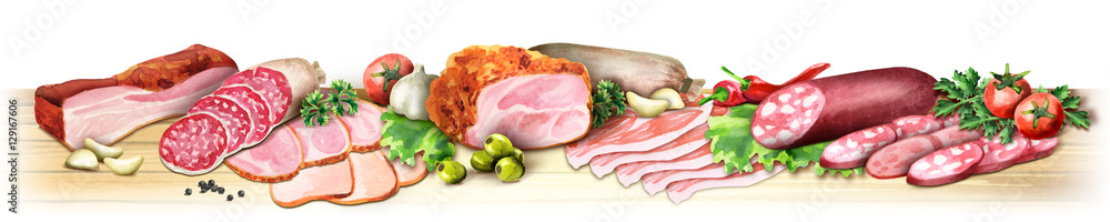 Panoramic image of smoked meat and sausages on a white background. Can be used for kitchen skinali. Watercolor Panoramic image of smoked meat and sausages on a white background. Can be used for kitchen skinali. Watercolor
