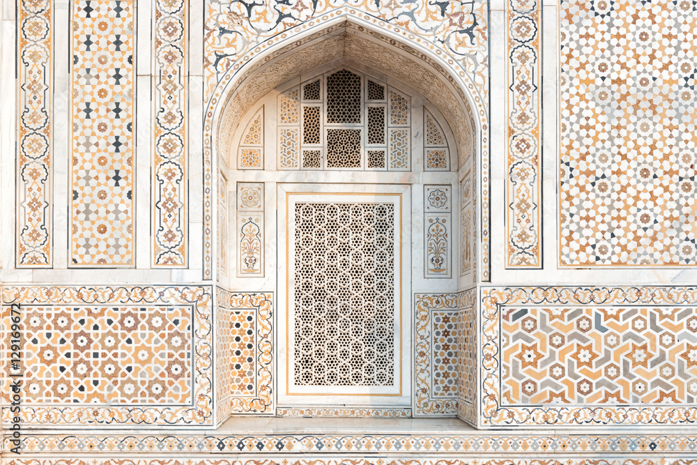 Detail of Decoration on the wall of Itmad-Ud-Daulah's tomb, called as the Jewel Box or the Baby Taj, located in Agra, Uttar Pradesh, India.