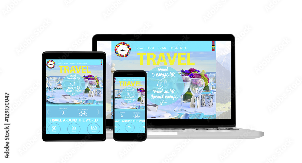 Isolated responsive devices displaying travel agency website Isolated responsive devices displaying travel agency website