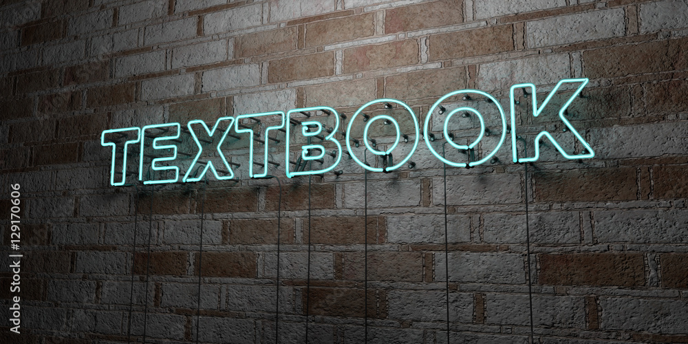 Naklejka premium TEXTBOOK - Glowing Neon Sign on stonework wall - 3D rendered royalty free stock illustration. Can be used for online banner ads and direct mailers..