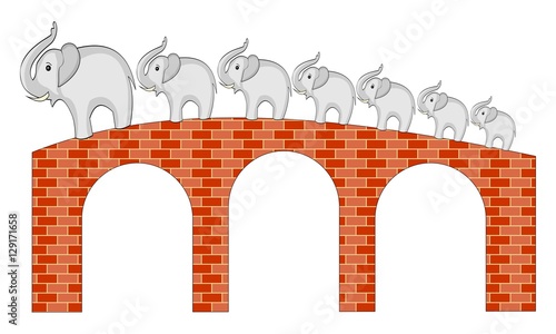 Seven elephants walking on brick bridge with three arcs. Isolated illustration on white background.