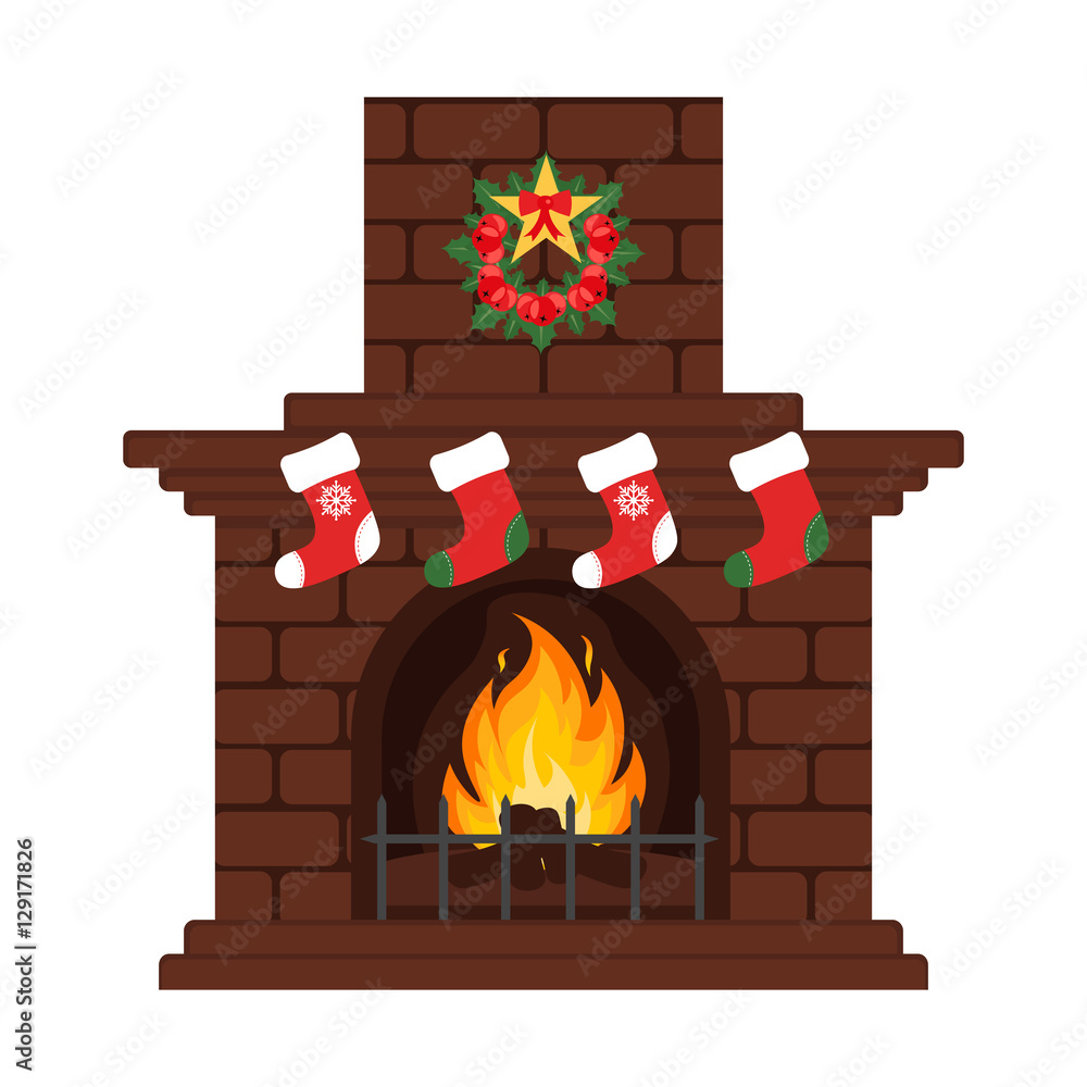 Fototapeta premium Christmas fireplace in colorful cartoon flat style. Christmas eve, our stockings. Merry Christmas and happy New year.