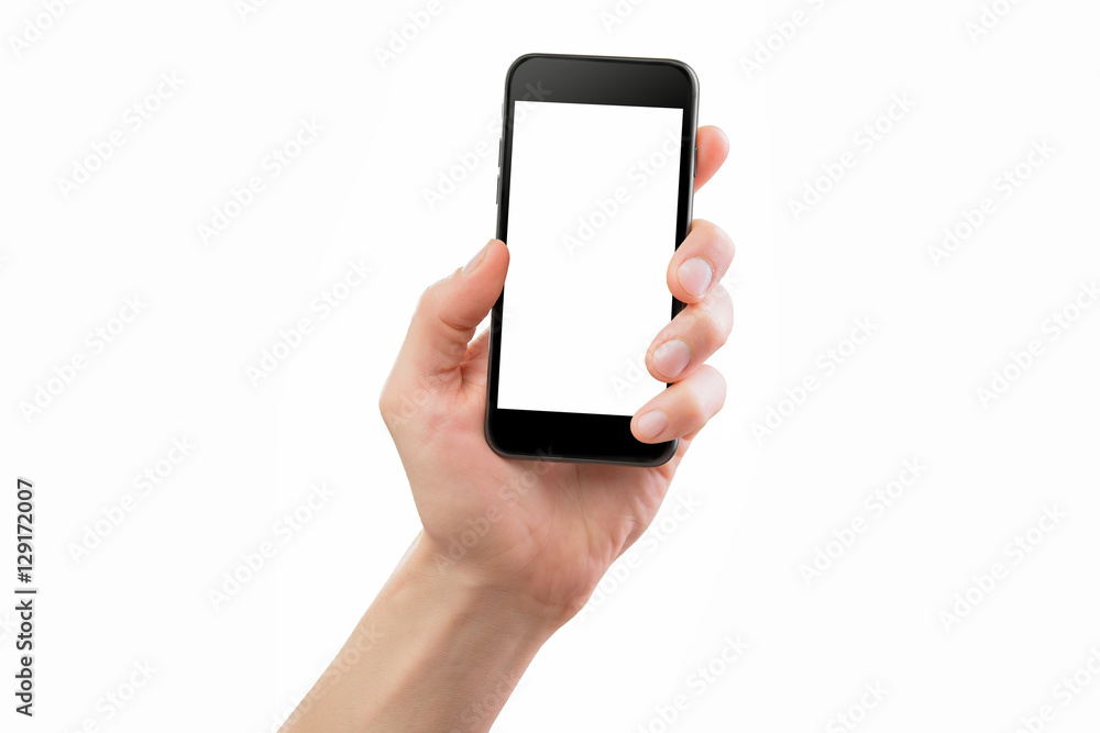 Mockup of male hand holding black cellphone isolated Mockup of male hand holding black cellphone isolated