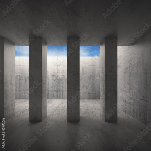 3d dark concrete room interior with columns