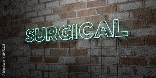 SURGICAL - Glowing Neon Sign on stonework wall - 3D rendered royalty free stock illustration.  Can be used for online banner ads and direct mailers..