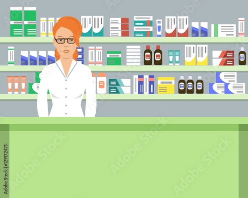 Web banner of a pharmacist. Young woman in the workplace in a pharmacy: standing in front of shelves with medicines. Vector illustration