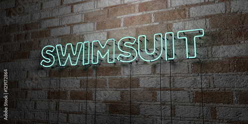 SWIMSUIT - Glowing Neon Sign on stonework wall - 3D rendered royalty free stock illustration. Can be used for online banner ads and direct mailers..
