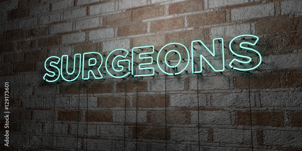 Naklejka premium SURGEONS - Glowing Neon Sign on stonework wall - 3D rendered royalty free stock illustration. Can be used for online banner ads and direct mailers..