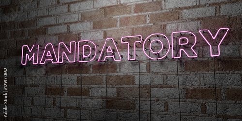 MANDATORY - Glowing Neon Sign on stonework wall - 3D rendered royalty free stock illustration.  Can be used for online banner ads and direct mailers..