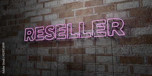 Foto RESELLER - Glowing Neon Sign on stonework wall - 3D rendered royalty free stock illustration