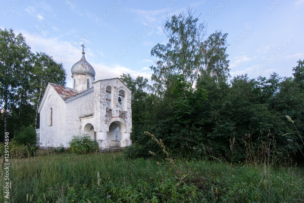 Naklejka premium Orthodox Church and nature. Green garden and architecture. Under the blue sky a house which is surrounded by a beautiful natural environment. Trees, bushes and building - Piirissaar, Estonia, Europe.
