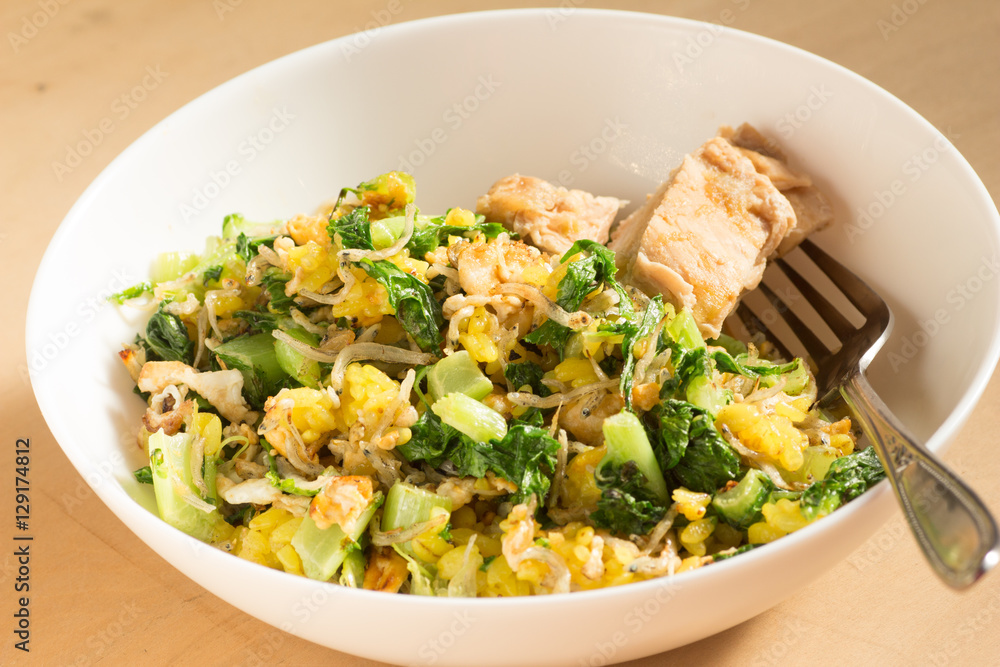 Japanese cuisine, fish and egg fried rice with grilled chicken Japanese cuisine, fish and egg fried rice with grilled chicken
