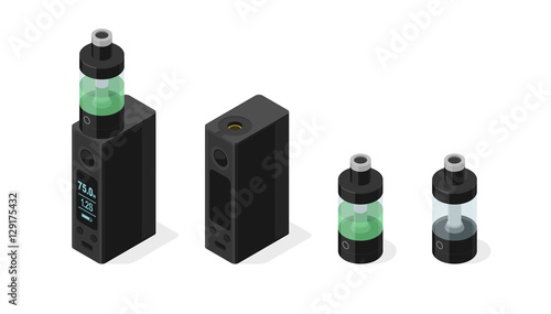 Isometric vector icon set of electronic cigarette and vaping e-liquid into 