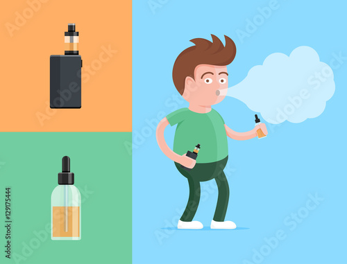 Happy young vaper man holding electronic cigarette and vaping e-liquid fluid
