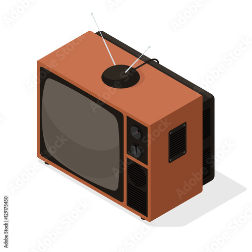 Isometric vector icon of retro television tv set with aerial on the top. 