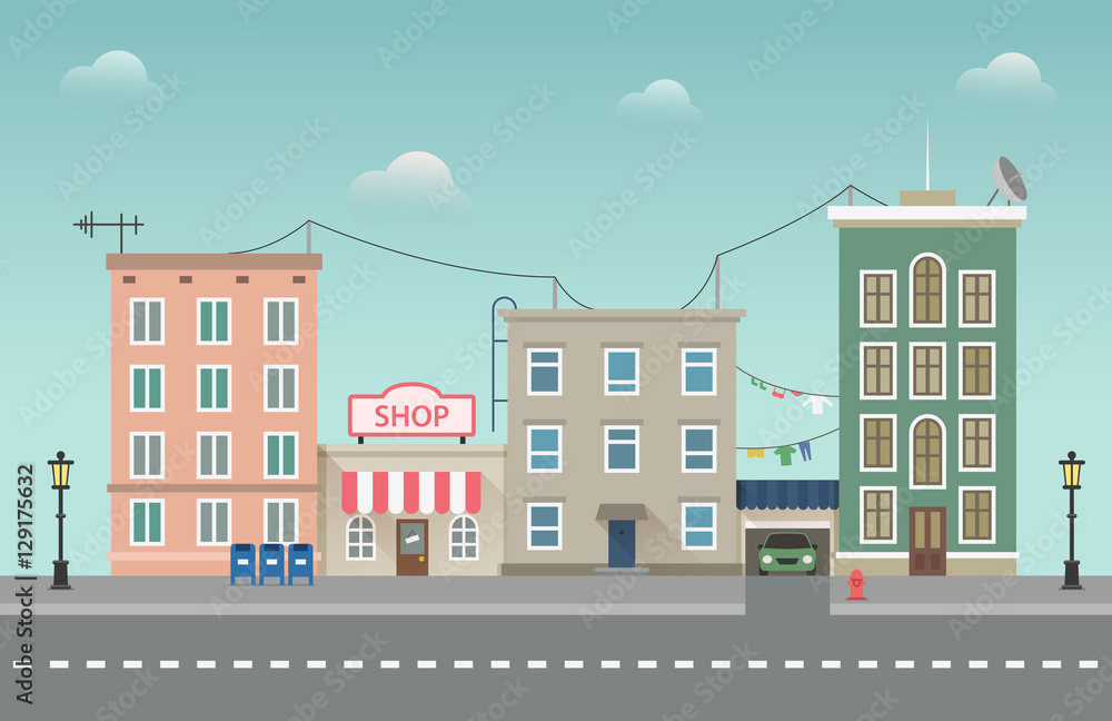 Day city urban landscape. Small town vector illustration in flat style.