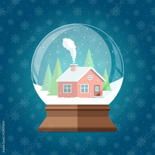 Magic Christmas snow globe vector illustration. Glass snowglobe gift 