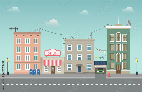 Day city urban landscape. Small town vector illustration in flat style.