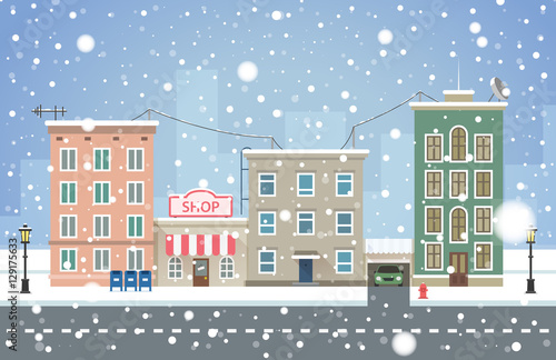 Winter cityscape. Snowfall in small town vector illustration.