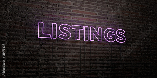 LISTINGS -Realistic Neon Sign on Brick Wall background - 3D rendered royalty free stock image. Can be used for online banner ads and direct mailers..