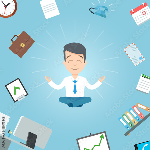 Happy businessman meditating in the office. Business yoga office meditation