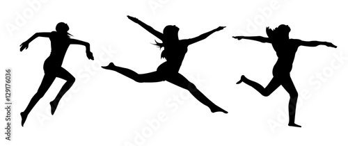 Three Female Jump Poses Silhouettes on White Background