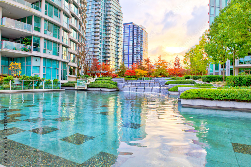 Cascade of the silky water in Downtown of Vancouver, Canada.