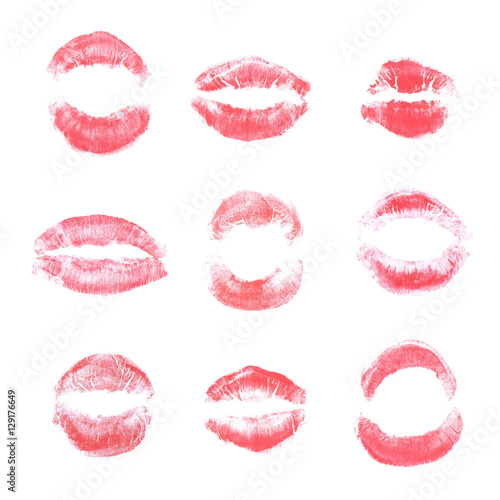 Set of red lip prints on isolated white background