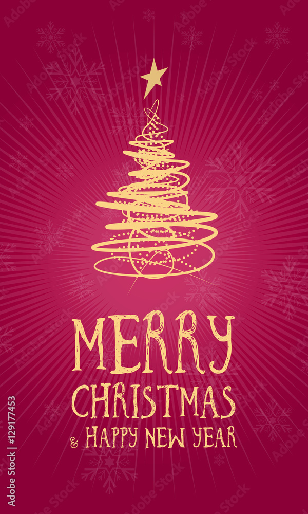 Merry Christmas greetings card vertical with snowflakes, dark red background and golden geometric Christmas tree
