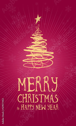 Merry Christmas greetings card vertical with snowflakes  dark red background and golden geometric Christmas tree