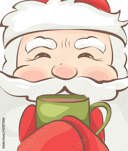 Banner -- Santa warms / Vector christmas illustration, Santa drinking a hot drink
