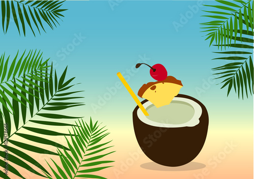Summer Background with Palm Leafs and Pina Colada Cocktail