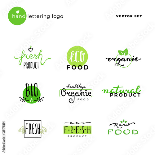Hand lettering vector logo of vegetarian ecology fresh food.