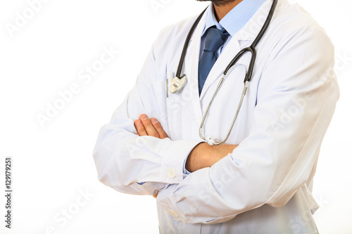 Doctor with a stethoscope on white background