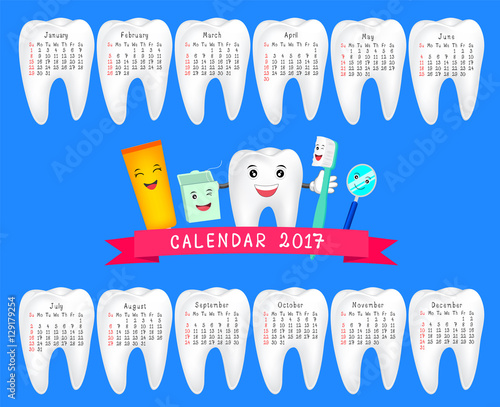 Dental calendar 2017. New year planner. Funny cartoon teeth and oral hygiene concept. Illustration