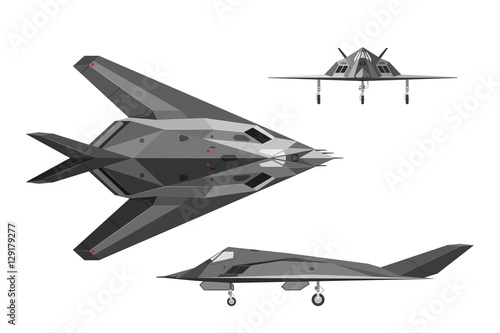 Military aircraft F-117. War plane in three views: side, top, fr