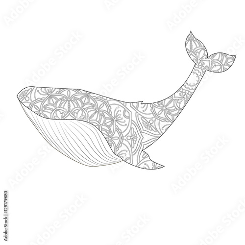 Whale vector illustration. Anti-stress coloring for adult. Black and white lines. Lace pattern 