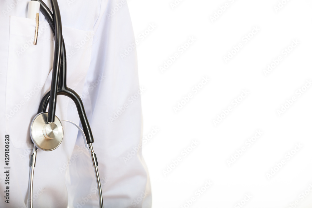 Doctor with a stethoscope on white background