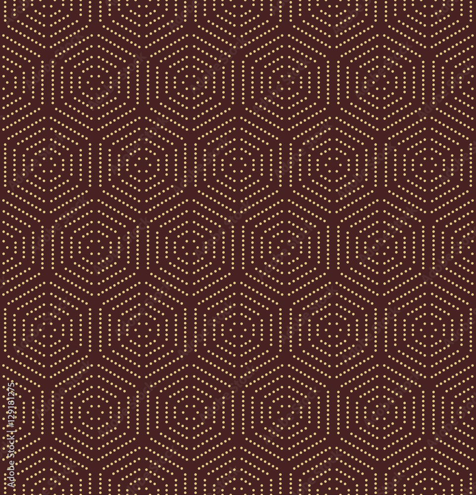 Geometric repeating ornament with hexagonal dotted elements. Seamless abstract modern pattern. Brown and golden pattern