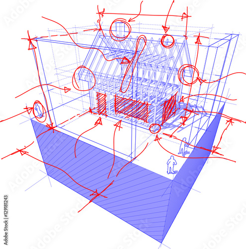 3d illustration of diagram of a framework construction of a detached house with 3D dimensions and hand drawn sketches and notes over it