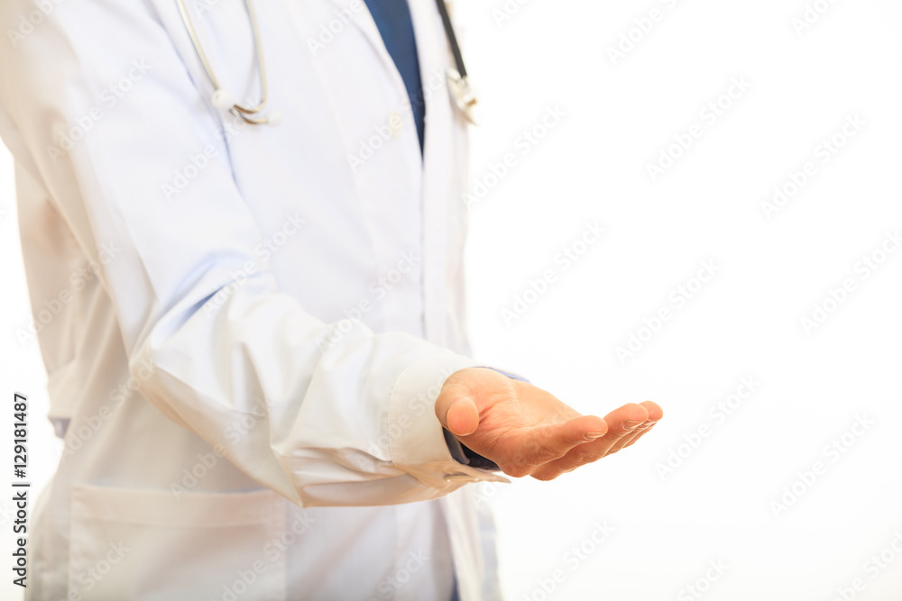 Doctor offering a hand on white background Doctor offering a hand on white background